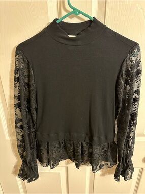 Black Lace-Sleeve Mock Neck Women's Top
